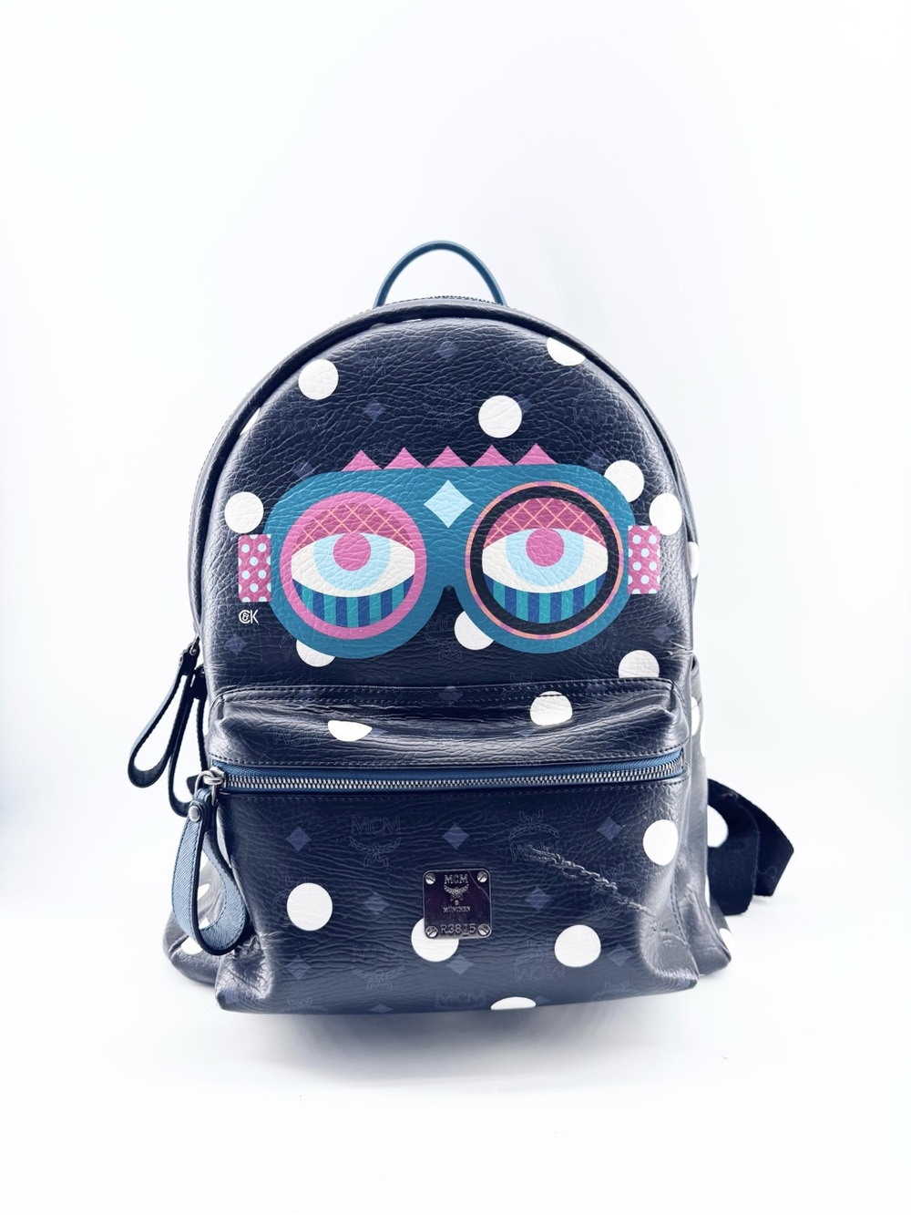 MCM Black Polka Dot Mini Backpack with Colorful Glasses Motif